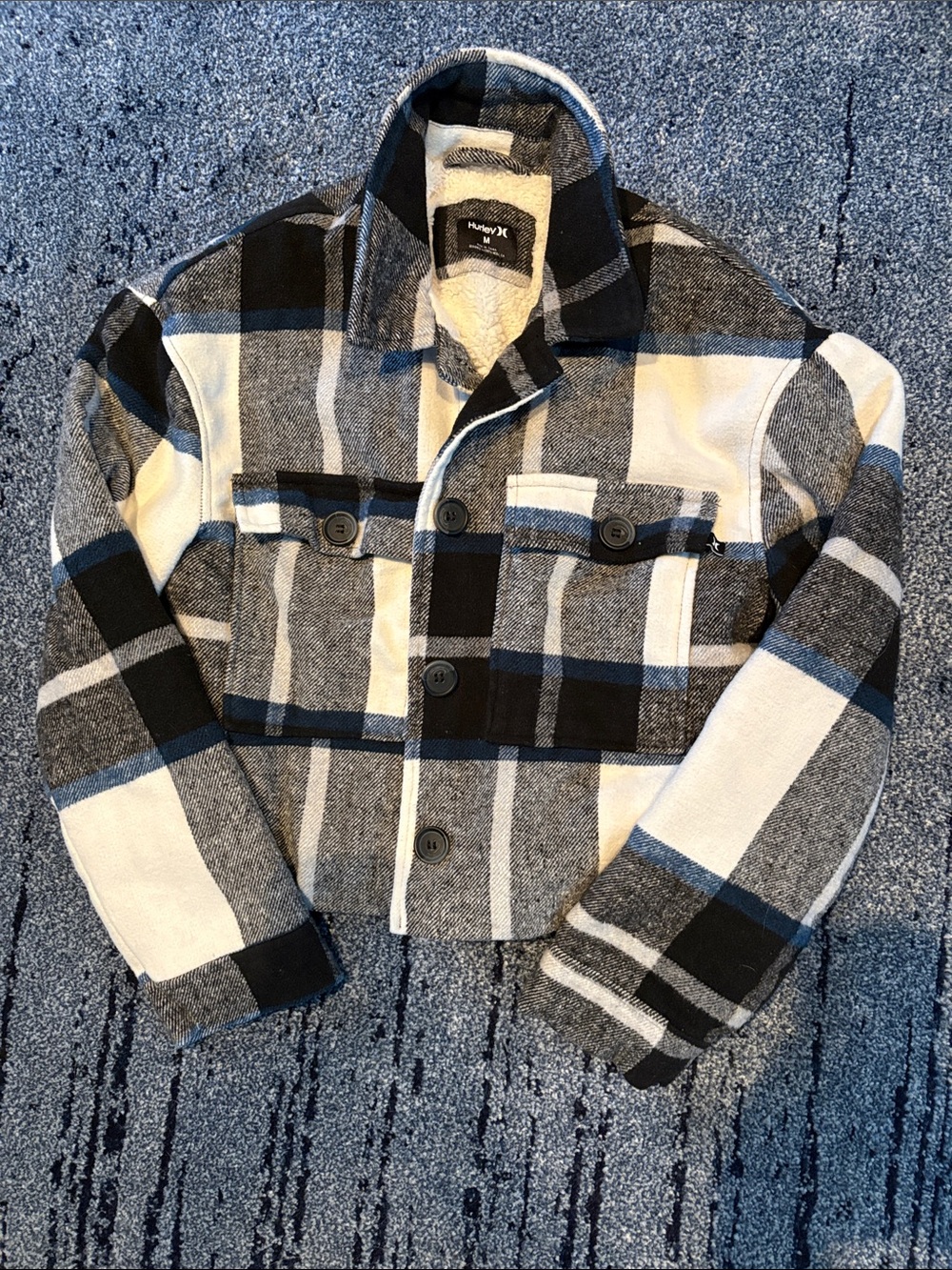 Hurley Black, Gray & White Plaid Sherpa-Lined Shirt Jacket-Excellent Condition